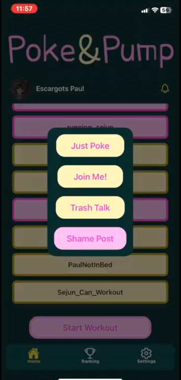 Motivating other users with 3 types of predefined poke messages and shame posting