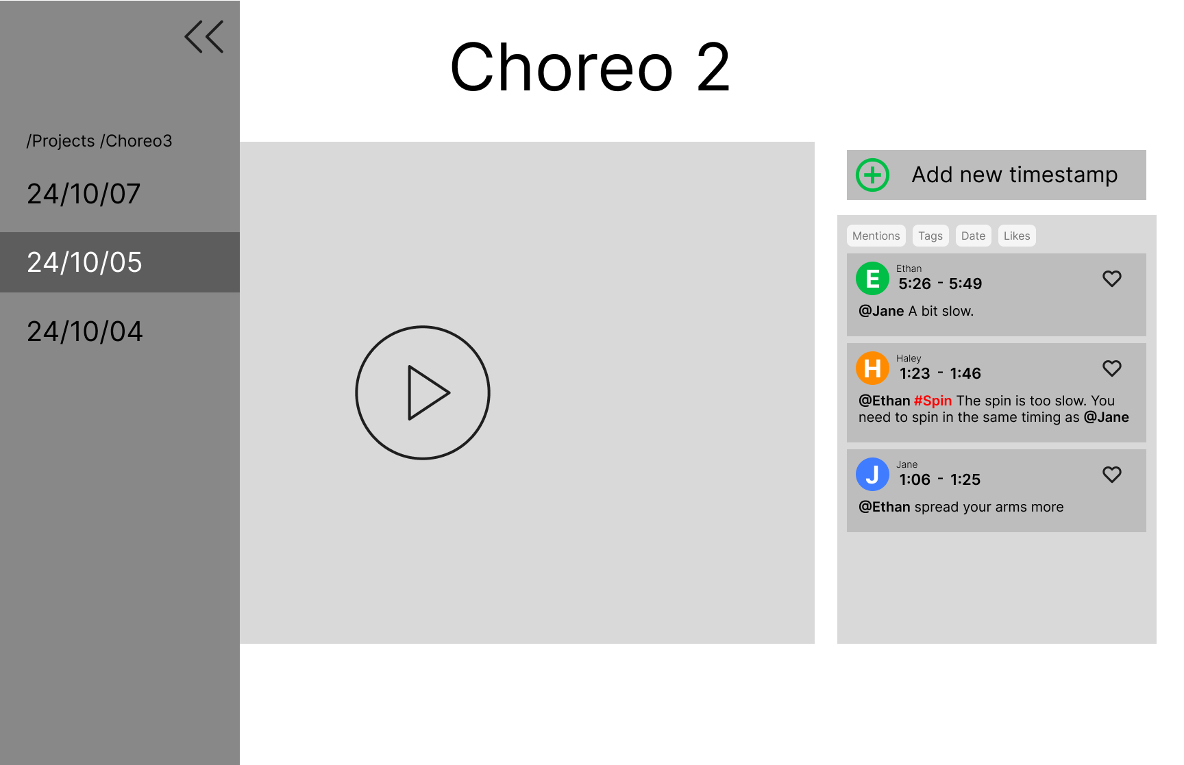 Use the sidebar to navigate through different choreography versions