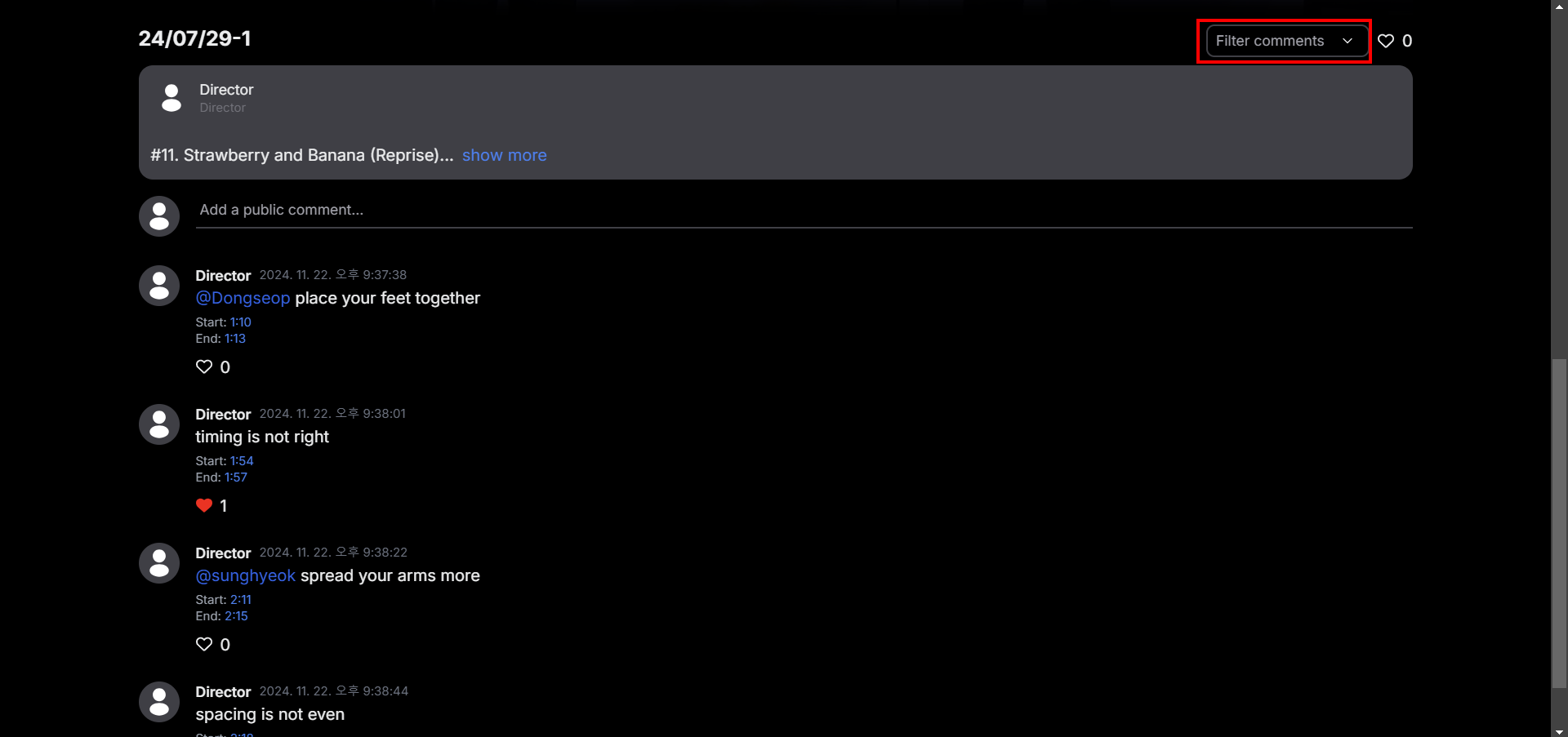 Click on “Filter comments” to filter comments