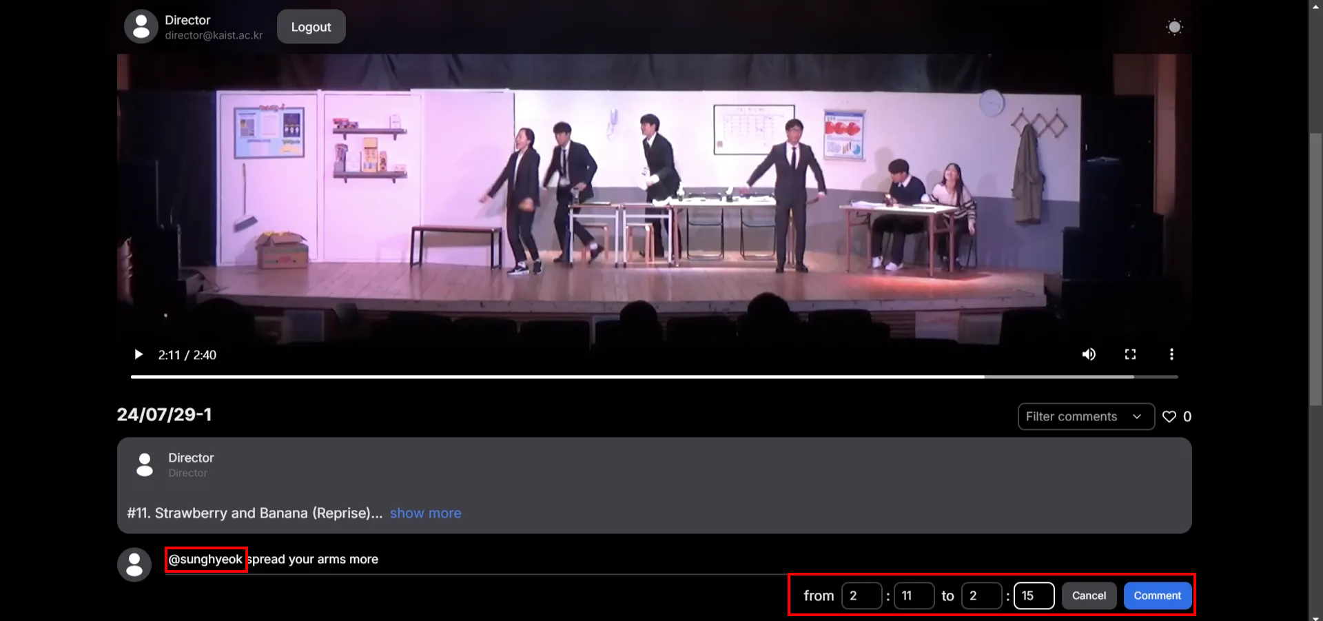 Use @ to mention someone in the video. Leave timestamps for the specific part of the video.