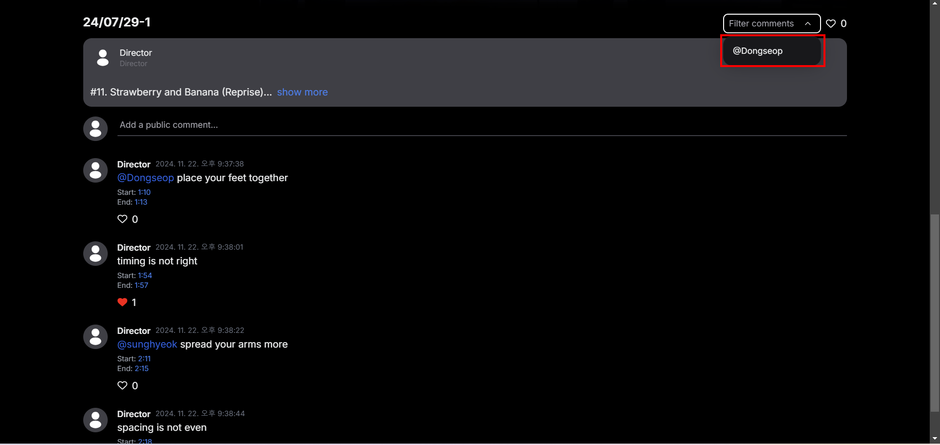 Click on @Dongseop to filter comments left for me (Dongseop)