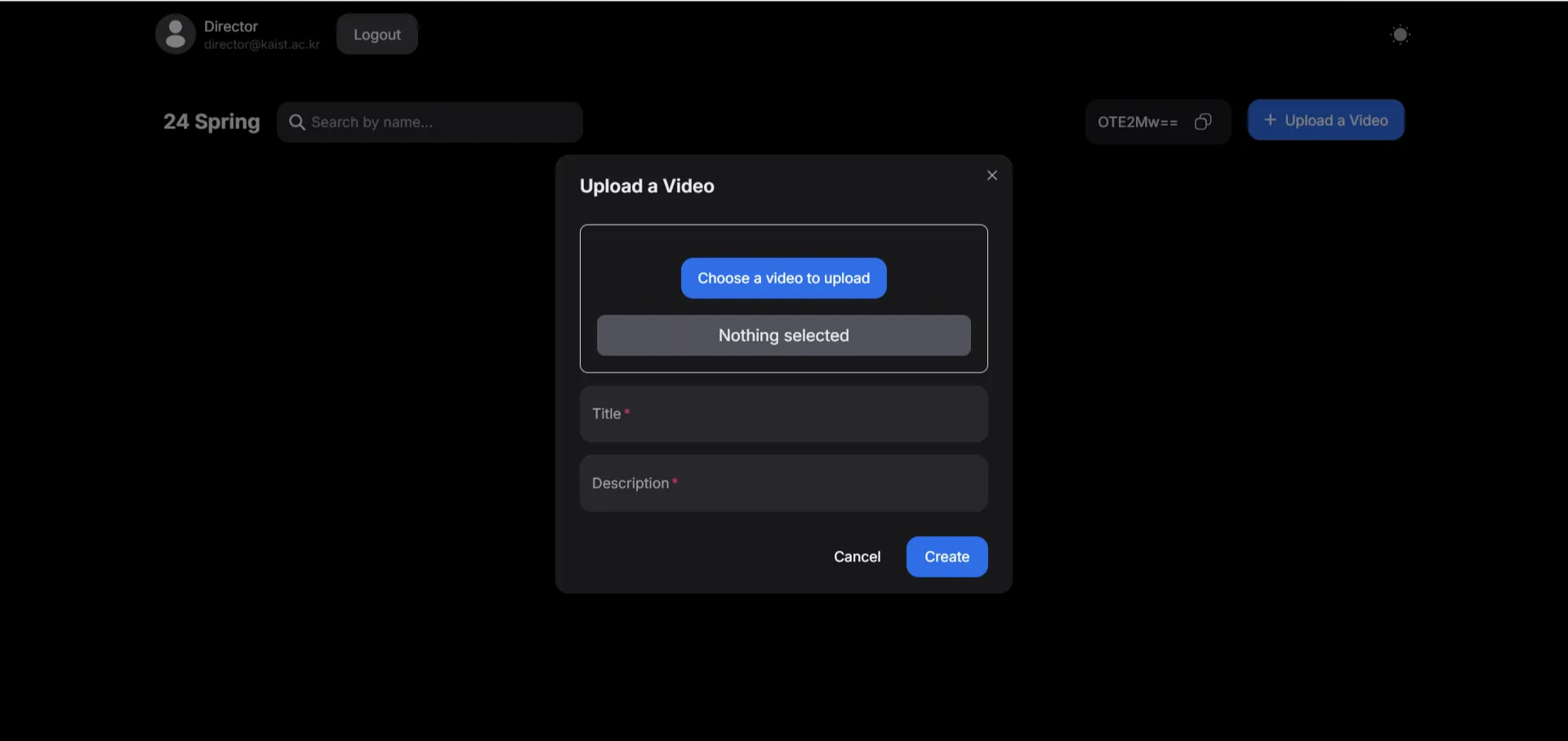 Click the ”Choose a video to upload” button and choose a video you want to upload. Write the title and description of the video. Click the “Create” button and wait until it is uploaded.